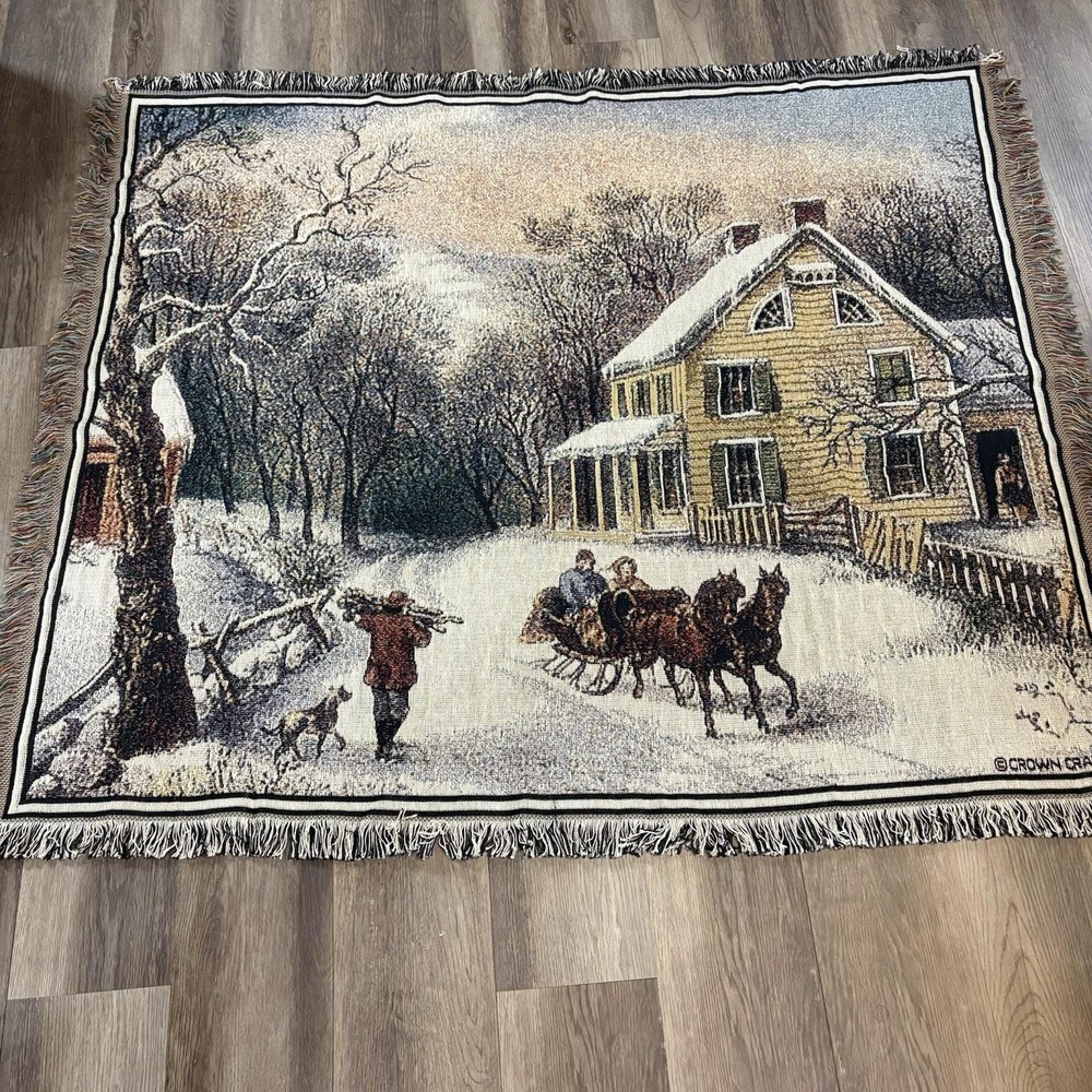 VTG Crown Crafts Horse Carriage Cottage Home Tapestry Woven Throw Blanket 46x54"
